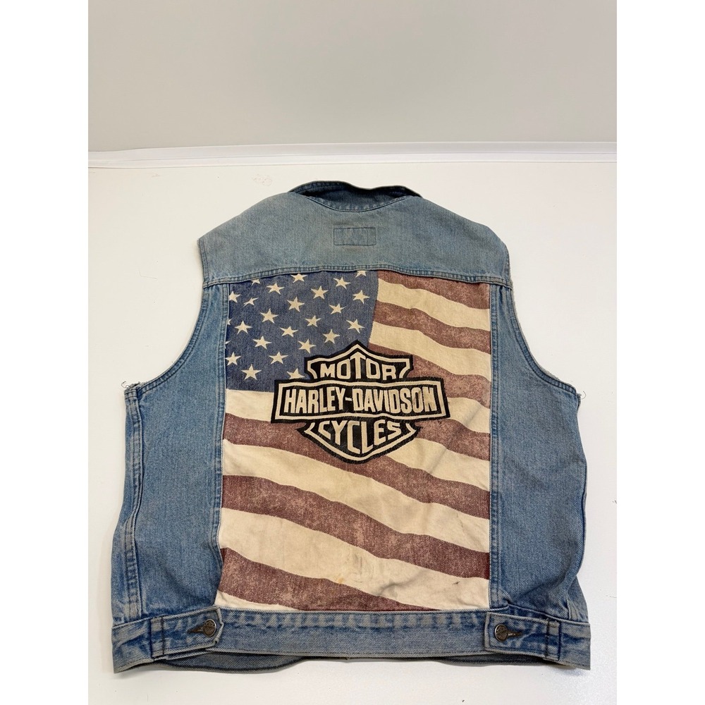 Rare Harley-Davidson Denim Vest USA Made M Flag Big Patch Cut Vintage Authentic